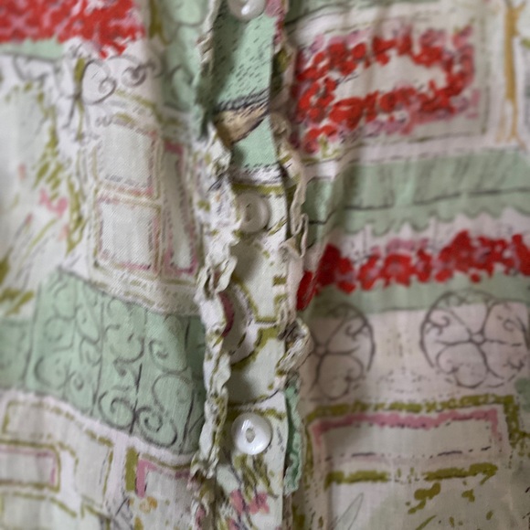 Putumayo Vintage 70s 80s 100% Linen Sleeveless Patterned Top Ruffle Front Button - Picture 4 of 5